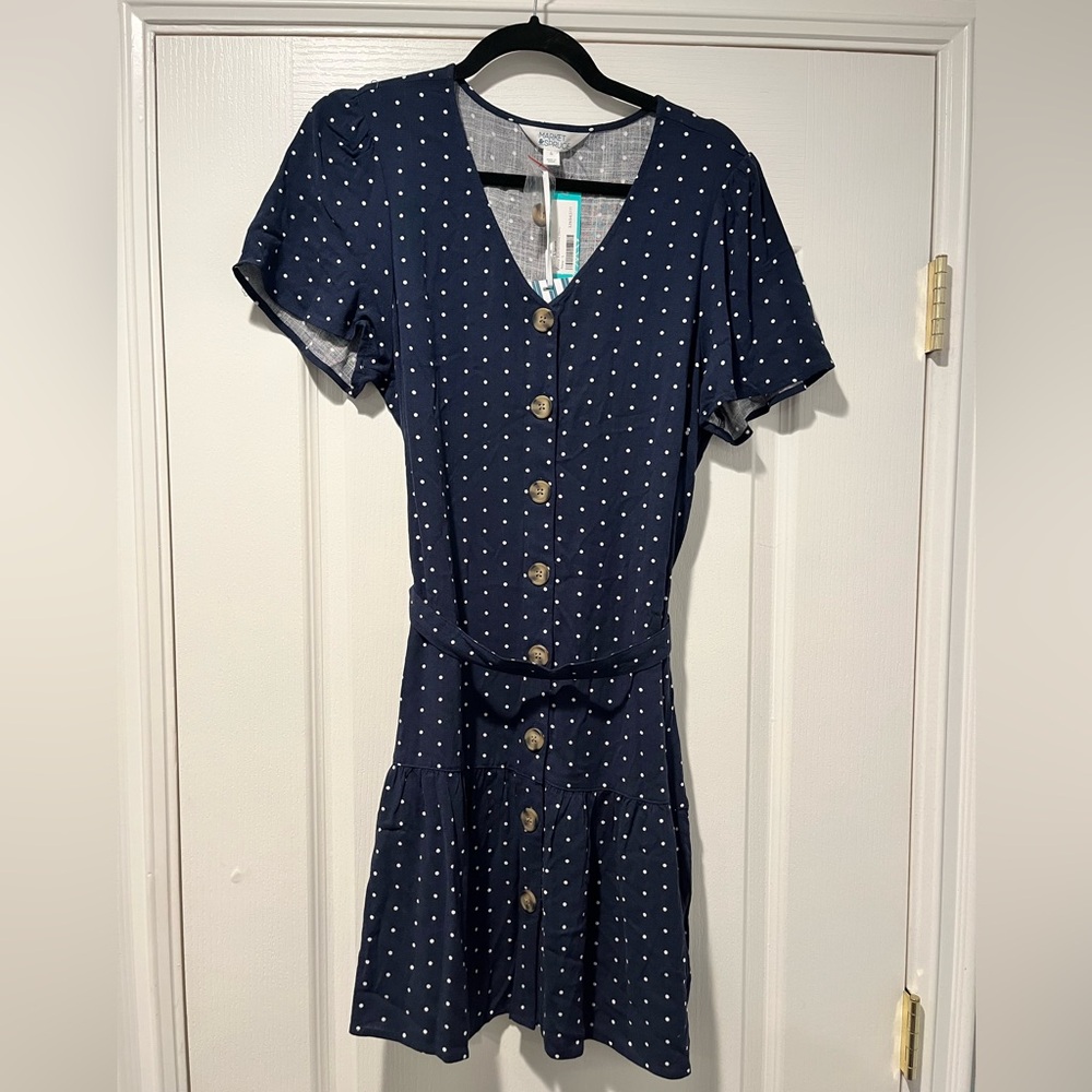 Market and Spruce V-neck dress, has stretch, polka dot , Large, Navy